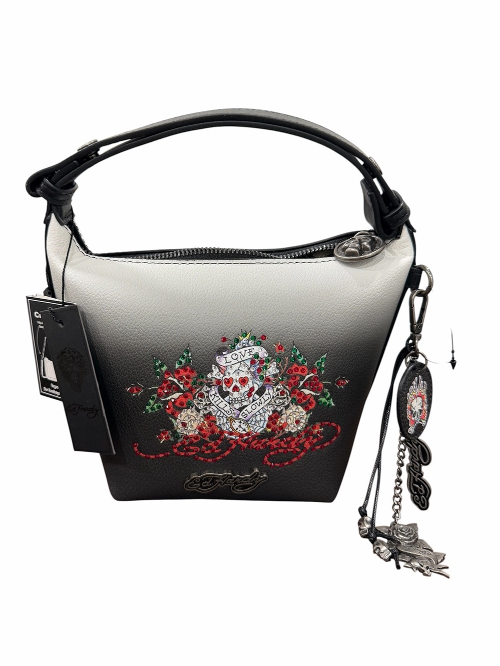Ed Hardy Black & White Ombre Floral Skull Charm Shoulder Bag